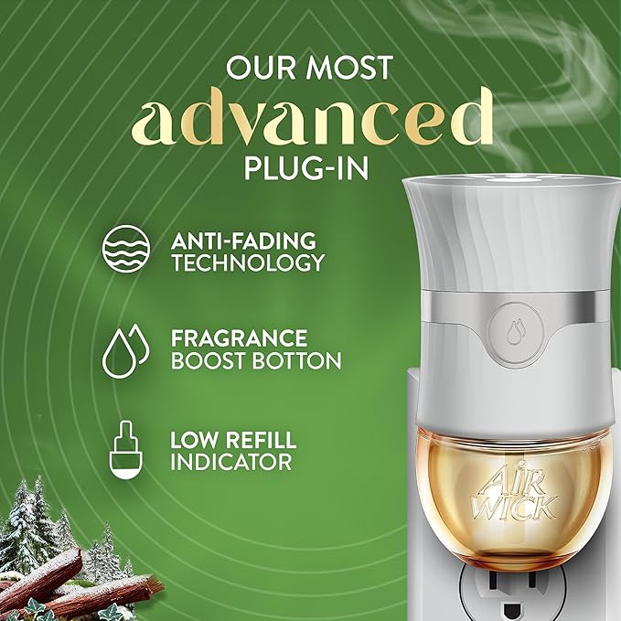 Air Wick Vibrant Plug in Scented Oil Refill, Infused with Essential Oils, Plug in Air Fresheners for Home, Winter Woods & Frosted Ivy, 5 ct