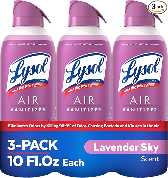 Lysol Air Sanitizer Spray with Bacterial Odor Eliminator for Home & Office, Sanitizing Air Spray, Air Freshener Alternative,Lavender Sky Scent, 10 oz (Pack of 3)