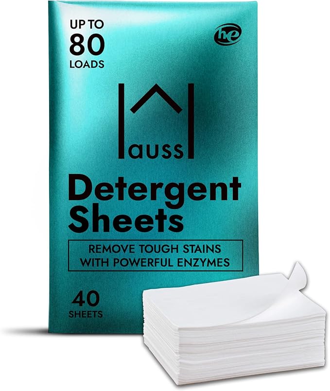 Hauss-Biodegradable Detergent Sheets - 80 loads - Tackles Tough Stains & Odors, Plant Formula, No Animal Testing, Plastic and Toxic Free, Gentle on Sensitive Skin, 40 sheets (Unscented)