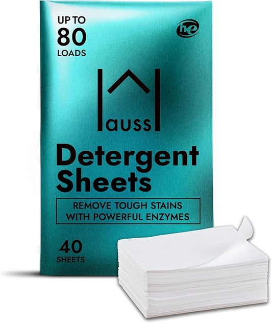 Hauss-Biodegradable Detergent Sheets - 80 loads - Tackles Tough Stains & Odors, Plant Formula, No Animal Testing, Plastic and Toxic Free, Gentle on Sensitive Skin, 40 sheets (Unscented)