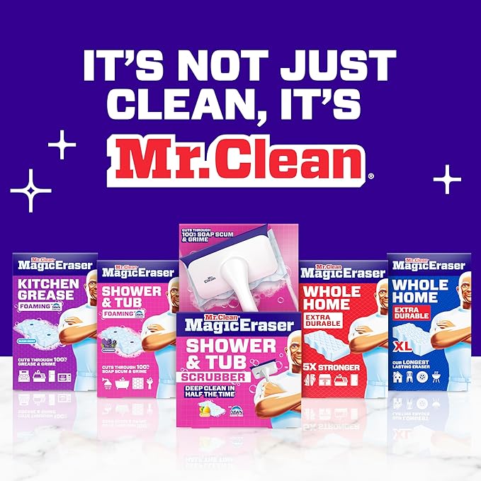 Mr. Clean Magic Eraser Shower & Tub Scrubber, Bathroom Cleaner, All in One Bathroom Cleaner, Lemon Starter Kit, 1 Scrubber & 2 Foaming Magic Erasers (Pack of 8)