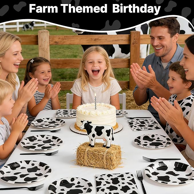 100 Pcs Cow Themed Party Supplies for 25 Guests, Heavy-Duty 7" & 9" Paper Plates, 2-Ply 13" Napkins & Plastic Forks, Disposable Cow Print Tableware Set for Farm Western Theme Party