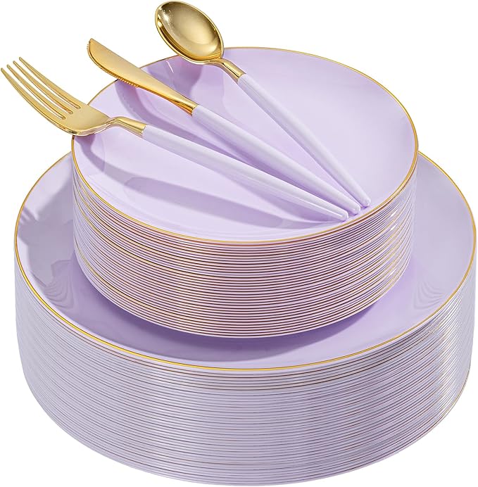 DaYammi 150Pcs Purple Plastic Plates with Gold Rim,Disposable Plastic Plates Include 30 Dinner Plate,30 Salad Plate,30 Forks,30 Spoons,30 Knive,Purple Disposable Platos for Party Wedding Bridal Shower