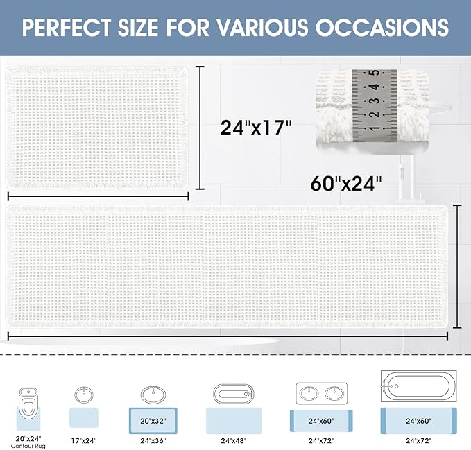 Upgraded Waffle Bath Mat Set 2 Piece White, Super Absorbent Non-Slip Quick Dry Bathroom Rugs with Tassels, Machine Washable Ultra Soft Boho Bath Rugs for Floor, Toilet Mats Boho Farmhouse Decor