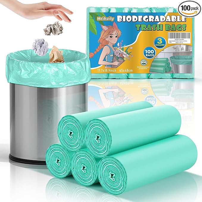 3 Gallon Trash Bag Bathroom Green-Unscented - Small Kitchen Mini Garbage Bags Biodegradable Compostable 100 Count Strong Can Bin Liners for Car Office Bulk Waste Basket Liner Heihaily