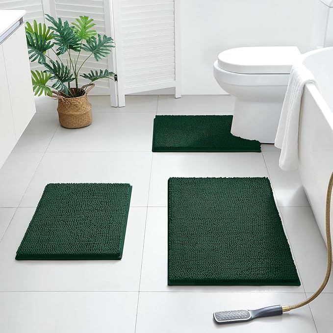 BYSURE Dark Green Bathroom Rugs Sets 3 Piece Non Slip Extra Absorbent Plush Chenille Soft Washable Bath Mats