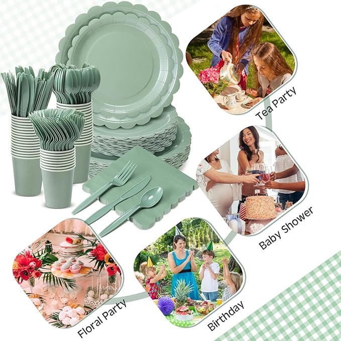 Ziliny 350 Pcs Sage Green Plates and Napkins, 50 Guest Graduation Party Supplies Include Scalloped Paper Plates Napkins Cups Plastic Spoons Forks Knives Disposable Tableware Set for Baby Shower