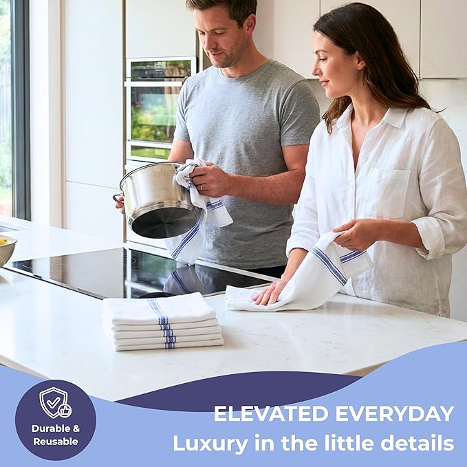Bulk Kitchen Towels Cotton for Chefs in Commercial Restaurants - 15"X25" - 6 Pack - White Linen Tea Dish Towels - Lint Free Soft Absorbent Center Blue Striped Herringbone Weave Towles