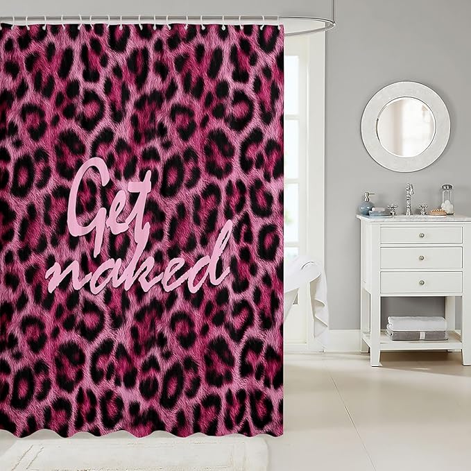Feelyou Leopard Print Get Naked Shower Curtains Funny Quotes Bathroom Curtain for Kids Women Men Pink Bathroom Accessories Cheetah Waterproof Polyester Fabric for Stalls Bathtubs 72"x78"