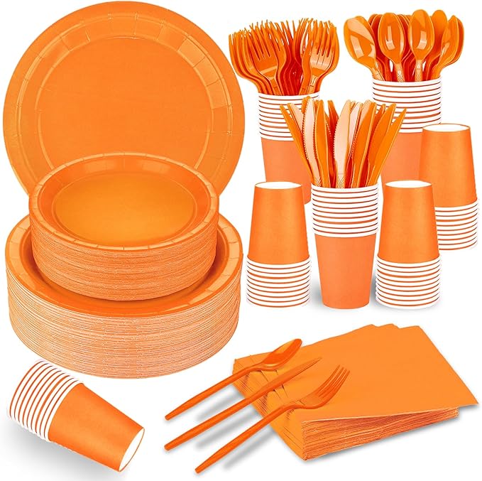 228PCS Orange Party Supplies Set Include Paper Plates Cups Paper Napkins Plastic Spoons Forks Knives for 30 Guests Disposable Party Dinnerware for Birthday Wedding Family Picnic