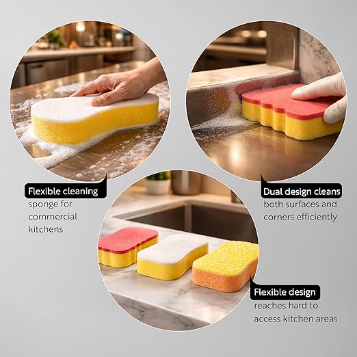 Restaurantware Sponge and Scouring Pad Combo 100 Count 7.7 x 4.9 x 2.1 Inches Plastic Multi-Surface Scrubber Flexible Cleaning Sponge for Commercial Kitchens