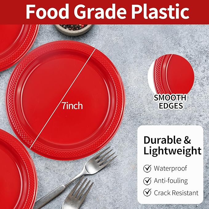 50 PCS Red Plastic Plates, 7 Inch Disposable Dessert Plates Cake Plates for Wedding Birthday Christmas Party Supplies (Red, 7 Inch)