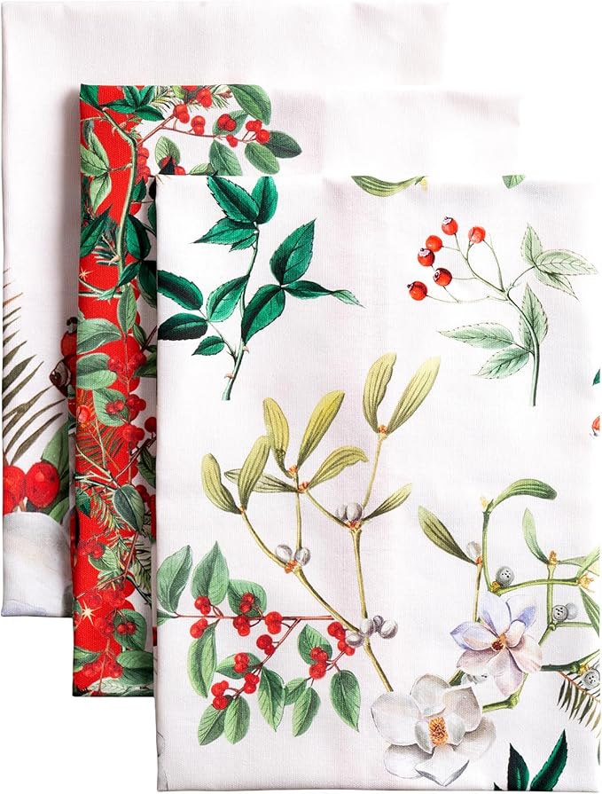 Maison d' Hermine Kitchen Towels Set of 3 100% Cotton 70 CM x 50 CM Reusable Cloth Tea Dish Towels Absorbent with Hanging Loop for Kitchen Dining Christmas Decorations (Noel)