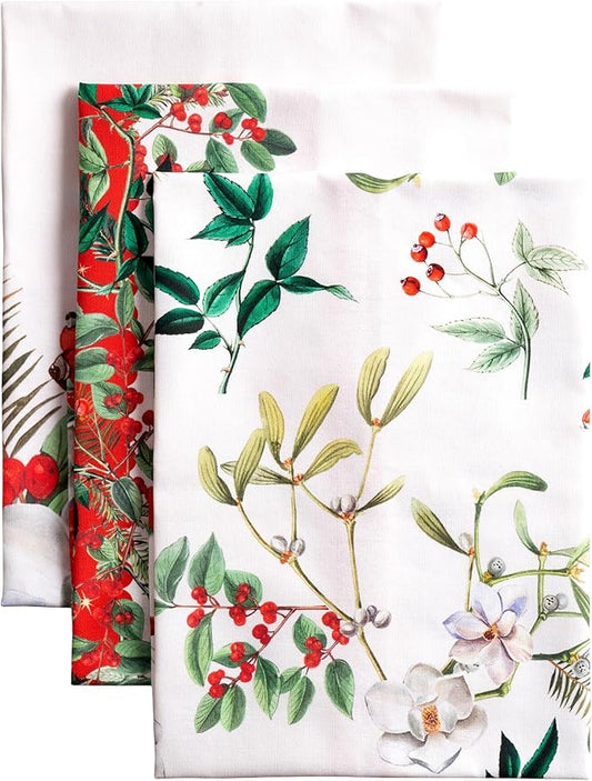Maison d' Hermine Kitchen Towels Set of 3 100% Cotton 70 CM x 50 CM Reusable Cloth Tea Dish Towels Absorbent with Hanging Loop for Kitchen Dining Christmas Decorations (Noel)
