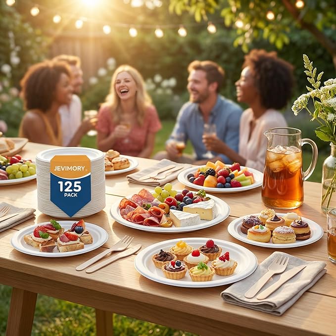 125 Pack 6 inch Paper Plates, Heavy-Duty Disposable Paper Plates 100% Compostable - Biodegradable Bagasse Dessert Plates Bulk for Party, Wedding, Snacks (Natural) (6 Inch 125 Pack White)