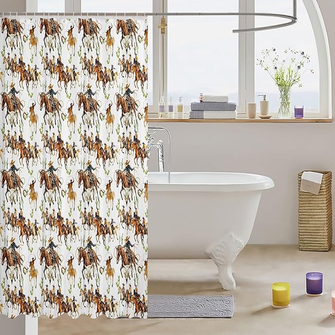 Feelyou Kids Western Decor Shower Curtain Wild West Cowboy Bath Curtain for Boys Teens Decor Rodeo Cowboy Style Bathroom Shower Curtain Set Brown Kids Bathroom Accessories 72"x78"