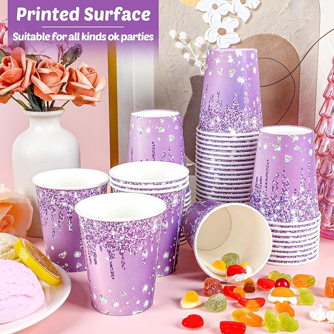 50pcs Purple Silver Birthday Party Paper Cups 9o Diamonds Purple Party Cups Supplies Purple Silver Theme Party Disposable Cups For Women Girls Birthday Wedding Baby Shower Party Favors Decorations