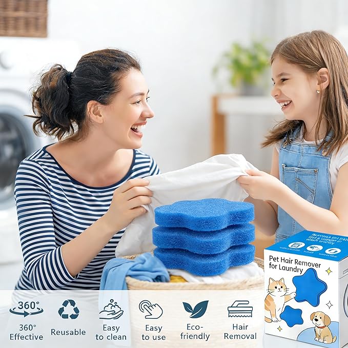 4 PCS Pet Hair Remover for Laundry – Effectively Removes Fur, Lint & Dander – Reusable, Eco-Friendly Laundry Pet Hair Catcher – Gentle on Clothes, Protects Machine, Easy to Use & Clean (Blue)