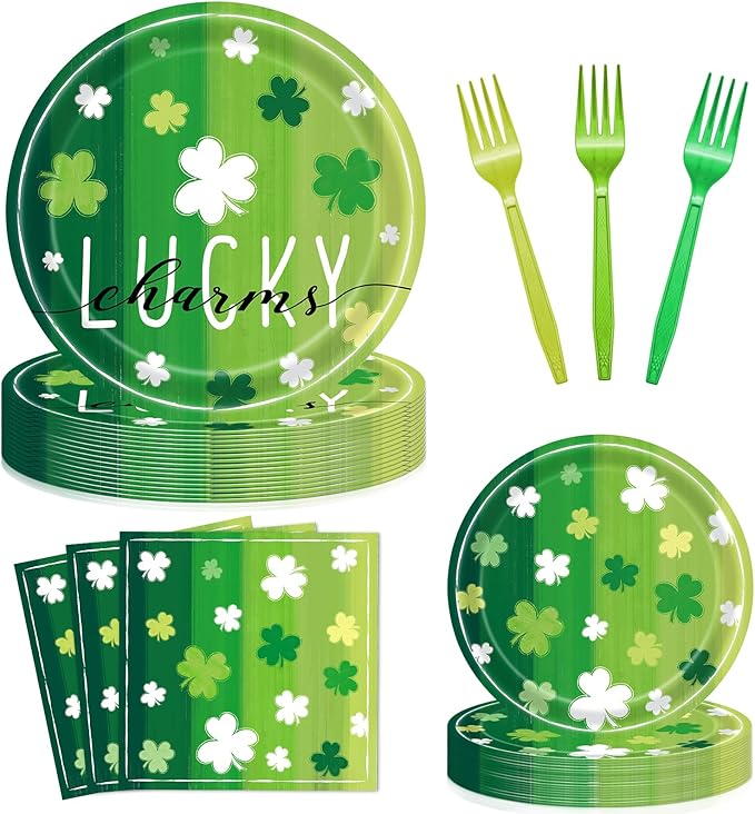 96 Pieces St. Patrick's Day Lucky Plates and Napkins Party Supplies, Vintage Green Shamrock Disposable Tableware with Paper Plates, Napkins, and Forks for Irish Festival Party Decorations - Serves 24