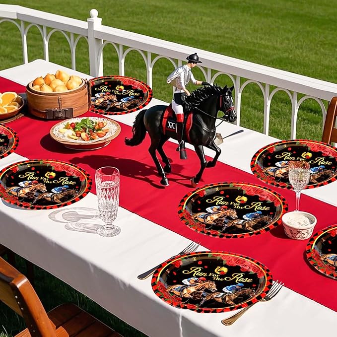 50Pcs Derby Paper Round Plates 10" Heavy Duty Run for the Roses Disposable Dessert Plates Derby Day Racing Horse Dinner Plates Tableware Sets for Kentucky Horse Birthday Party Supplies Decorations