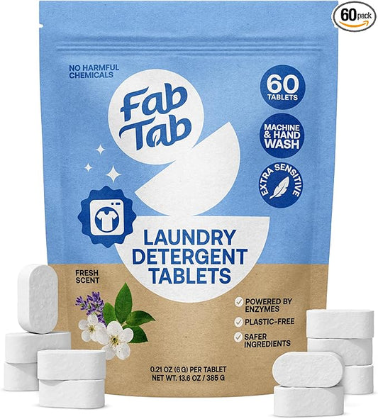 Fab Tab Laundry Detergent Tablets, Clean Ingredients, Sensitive Skin Friendly, Powerful & Gentle Clean, Fresh Scent, Plastic-Free Alternative to Liquids, Laundry Pods and Sheets, 60 Count.