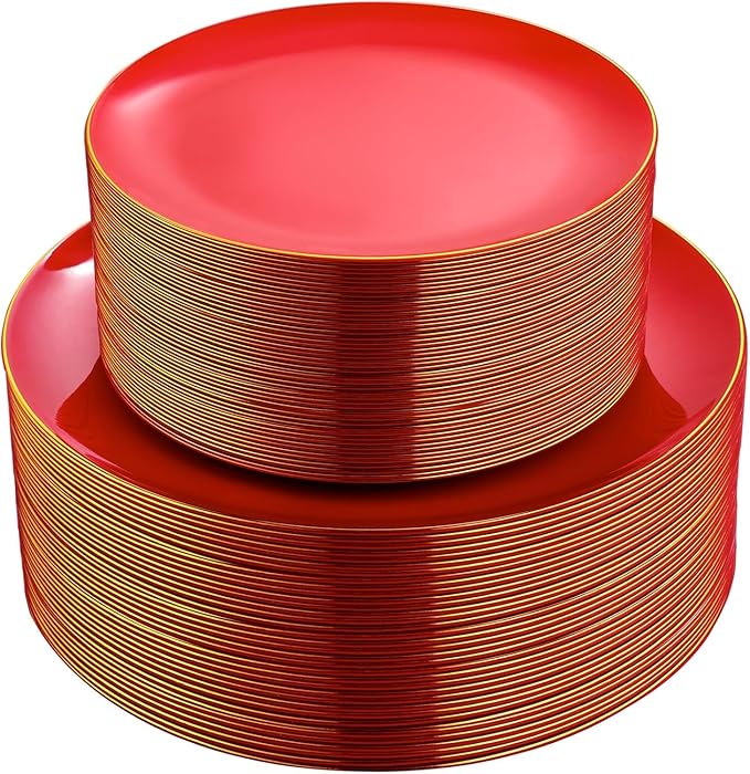 PULOTE 100PCS Red Plastic Plates Disposable Heavy Duty - Include 50 Dinner / 50 Dessert Plates for Party & Christmas