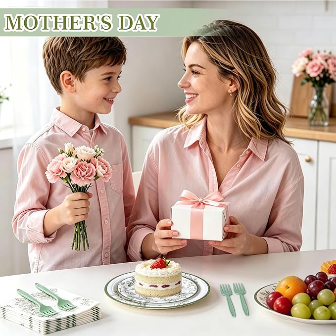 100 Pcs Green and White Floral Party Supplies for 25 Guests, Heavy-Duty 7" & 9" Paper Plates, 2-Ply 13" Napkins & Plastic Forks, Disposable Tableware Set for Bridal Baby Shower and Tea Party
