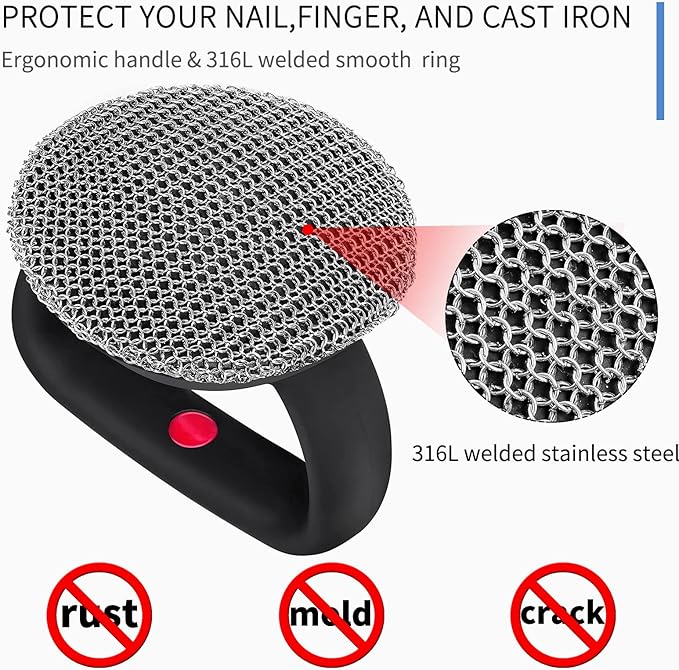 Cast Iron Cleaner Scrubber+Tray with Handle, Welded Chain Mail for Pan Pot Oven Wok Cleaning- Small Ring Metal Scrubber Scourer Scrub to Clean Skillet, Oven, Griddle, Wok Brush