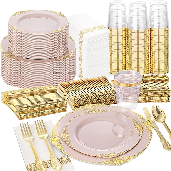 Nervure 350PCS Pink Plastic Plates - Pink Plastic Dinnerware Sets for 50 Guests - 100 Disposable Plates, 150 Gold Silverware, 50 Cups, 50 Napkins Perfect for Wedding & Party