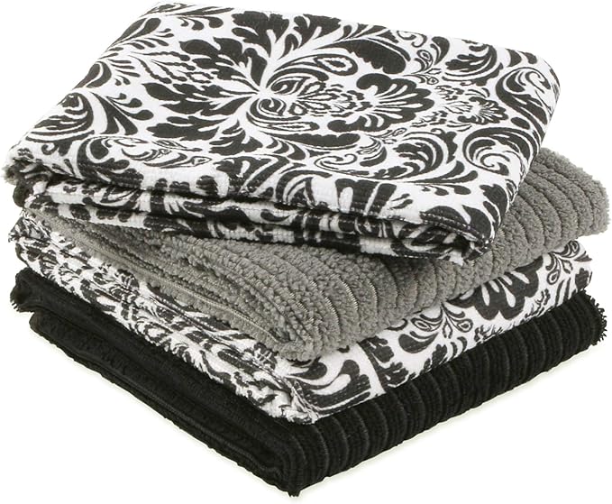 DII Cleaning Collection Multi-Purpose Microfiber, Black Damask, Dishtowel Set