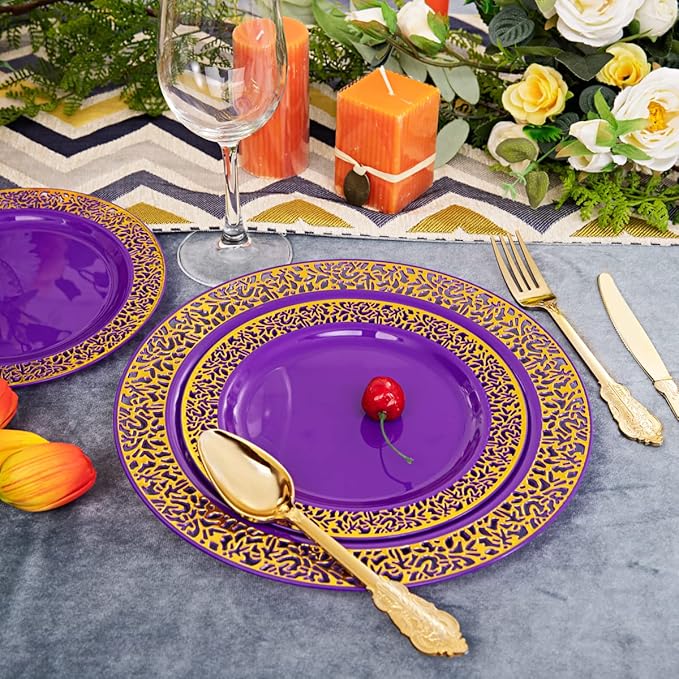 U-QE 150PCS Purple Gold Plastic Plates with Gold Silverware, Gold Plastic Plates for Party & Wedding Include 30 Dinner Plates 10.25", 30 Salad Plates 7.5", 30 Forks, 30 Knives, 30 Spoons