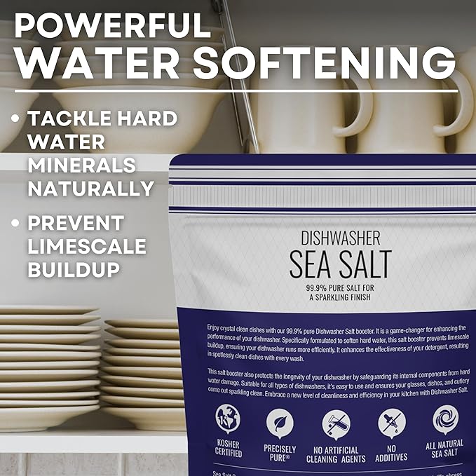 Dishwasher Salt, Natural Water Softener, Food Grade Coarse Sea Salt Compatible with Miele, Thermador, Whirlpool, & Bosch Dishwasher, 30 oz Bag