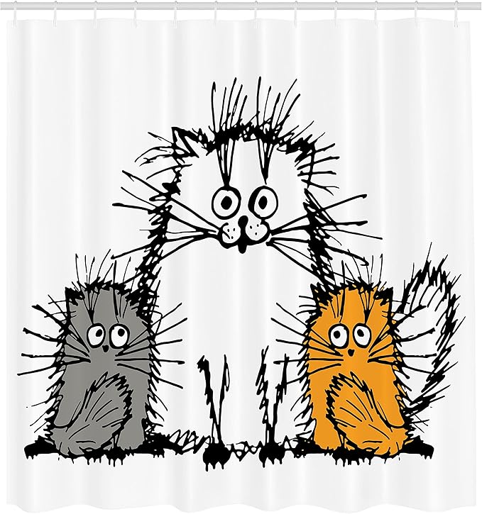 Ambesonne Sketchy Shower Curtain, Fluffy Cat Family with Mother Babies Feline Animal Humor Illustration, Cloth Fabric Bathroom Decor Set with Hooks, 69" W x 75" L, Orange White Grey