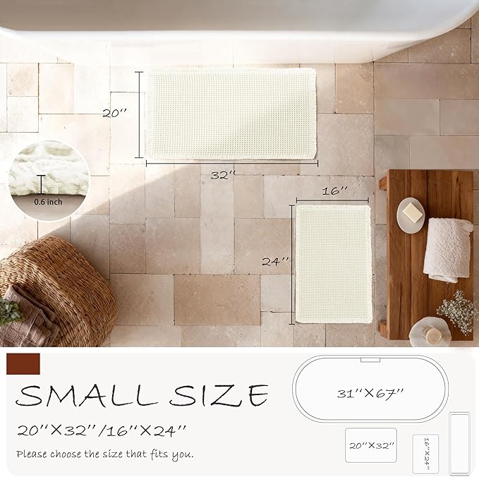DWCN Waffle Bathroom Mat Set, Super Absorbent Non Slip Bath Rug Set for Bathroom Floor, Shower Mats 2 Pcs for Tub, Washable Kitchen Rugs for Farmhouse Boho Home Decor, 24"x16"Plus 32"x20", Ivory