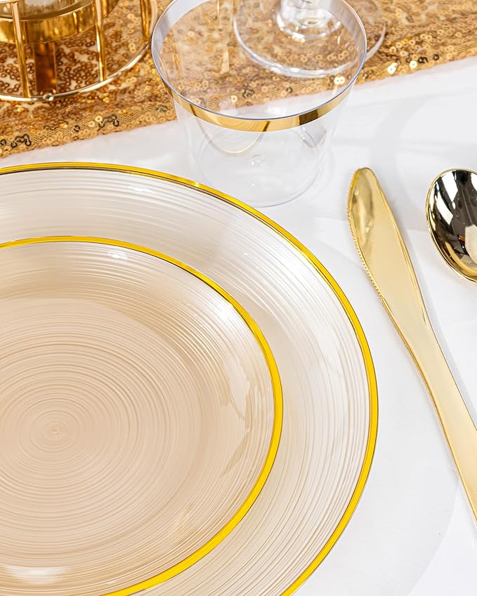 Morejoy 350PCS Clear Brown Plastic Plates - Disposable Gold Party Plates & Pre Rolled Napkins with Cutlery for 50 Guests, 100Plates, 150Silverware, 50Cups, 50Napkin for Party & Christmas
