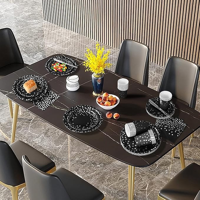 168Pcs Black and Silver Party Decorations, Black Plates and Cups and Napkins Sets Severs 24, Birthday Decorations for Prom Graduation Birthday Happy New Year Party