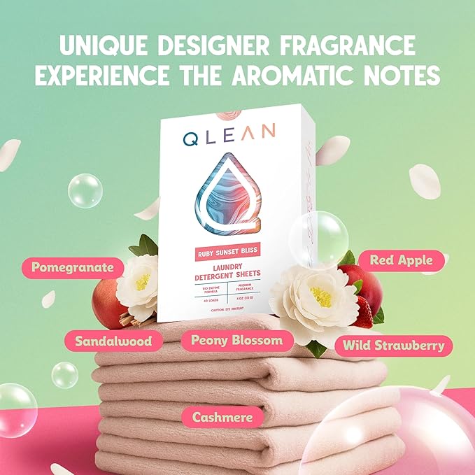 QLEAN Laundry Detergent Sheets Ruby Sunset Bliss (40 Loads) – Travel-Size Plant-Based Biodegradable Laundry Sheets, Hypoallergenic, HE Compatible, Eco-Friendly Detergent Strips