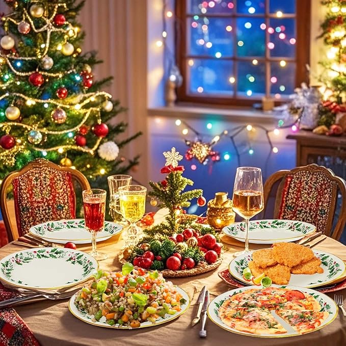 50 Pcs Christmas Round Plates 10" Large Disposable 400 GSM Heavy Duty Holly Leaf Paper Plates Gold Foil Dessert Plates Merry Christmas Birthday Party Decorations for Festive Xmas Theme Party Supplies