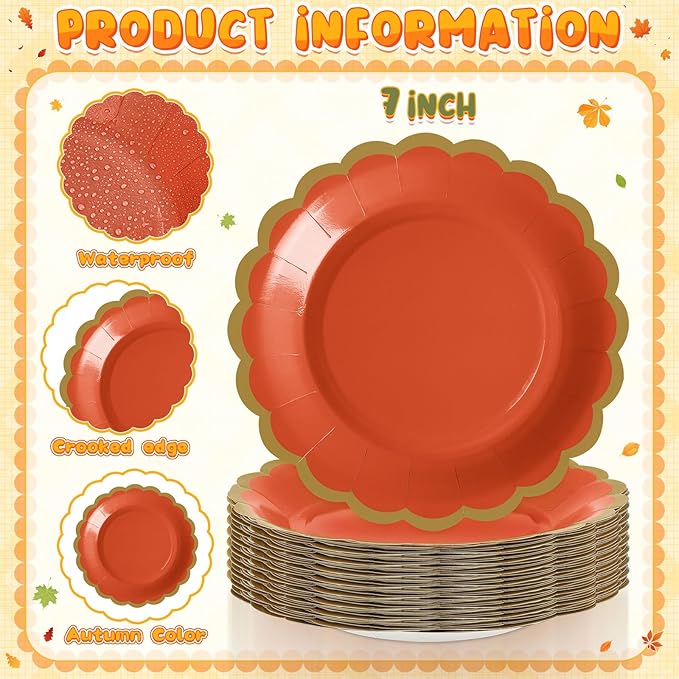 48 Pcs Fall Paper Plates 7 Inch Thanksgiving Dessert Scalloped Edge Disposable Gradient Color Dinner Plates for Fall Wedding Birthday Baby Shower Party Supply