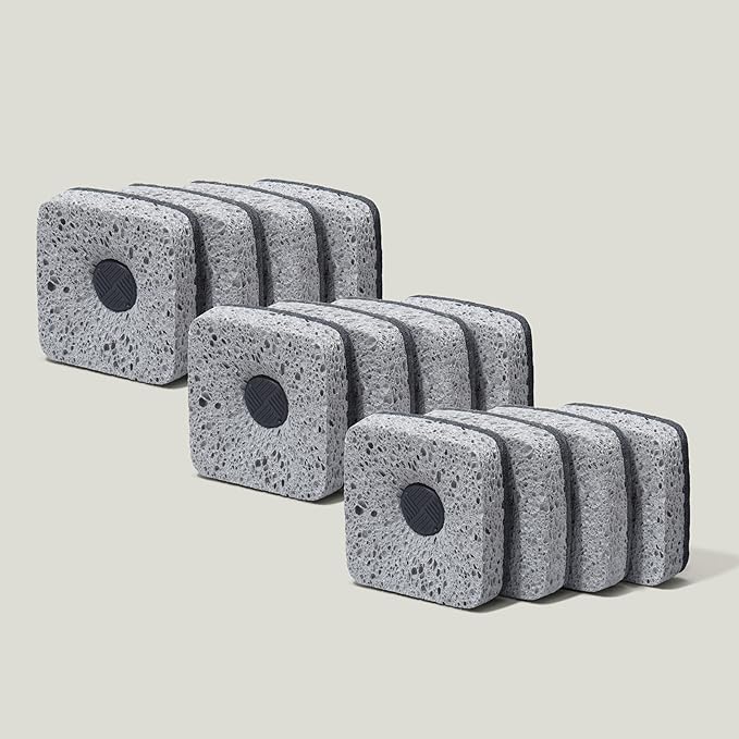 Curio Home Goods Ionic Non-Scratch Kitchen Sponge with Magnetized Holder, Dual Sided Cellulose and Scrub Pad, 12 Pack, Black/Grey