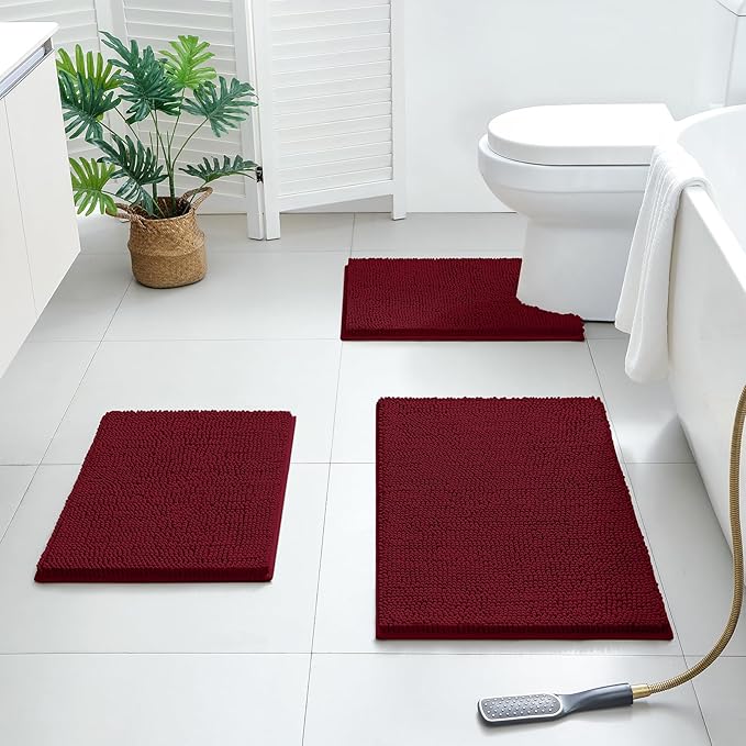 BYSURE Burgundy Red Bathroom Rugs Sets 3 Piece Non Slip Extra Absorbent Plush Chenille Soft Washable Bath Mats