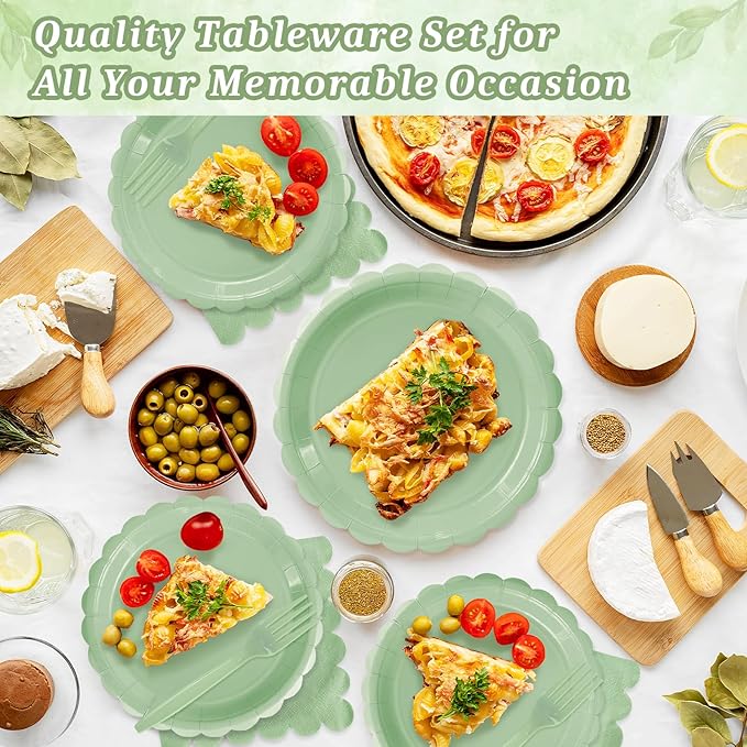 Mulbozy 75 Sage Green Plates and Napkins Disposable Set Includes 25 Dessert Cake Scalloped Plates, Cocktail Napkins & Forks, for Fork 25 Guests Holiday Party Supplies.