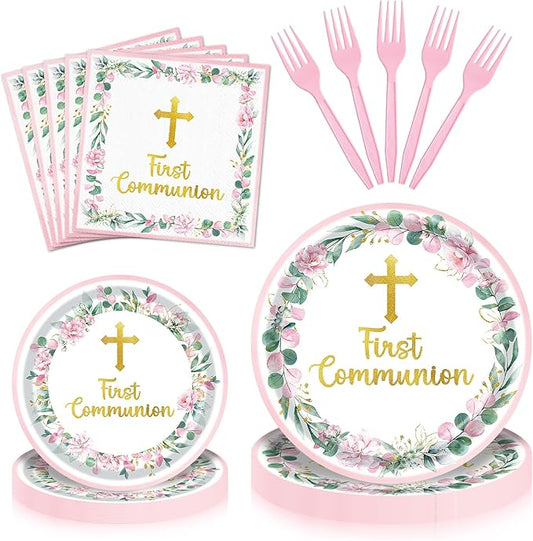 96 Pieces First Communion Floral Tableware Set – Pink Floral Cross Disposable Plates, Napkins for First Communion Party, Christening, Baptism, and Religious Celebrations – Serves 24 Guests