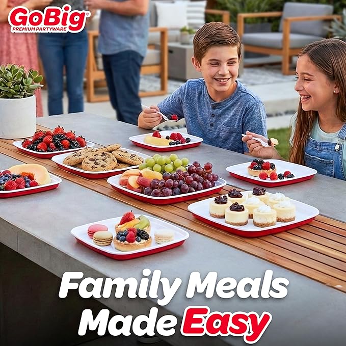 GoBig Red Plastic Disposable Plates - 50 Count 8 Inch - Square Heavy Duty Red Cup Party Plates