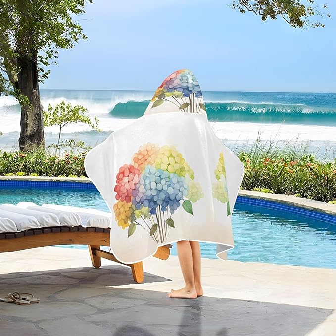 Hooded Towel for Kids Rainbow Hydrangea Pattern Beach Wrap Bath Towels 50x23.5in