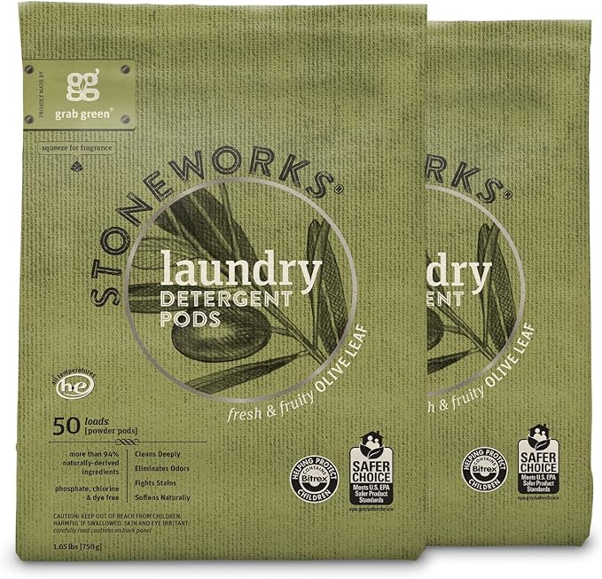 Grab Green Stoneworks Laundry Detergent Pods, 100 Count, Olive Leaf Scent, Plant And Mineral Based, Cleans Deeply, Eliminates Odors, Fights Stains