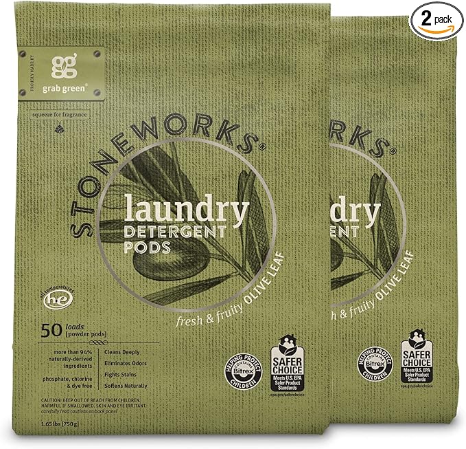 Grab Green Stoneworks Laundry Detergent Pods, 100 Count, Olive Leaf Scent, Plant And Mineral Based, Cleans Deeply, Eliminates Odors, Fights Stains