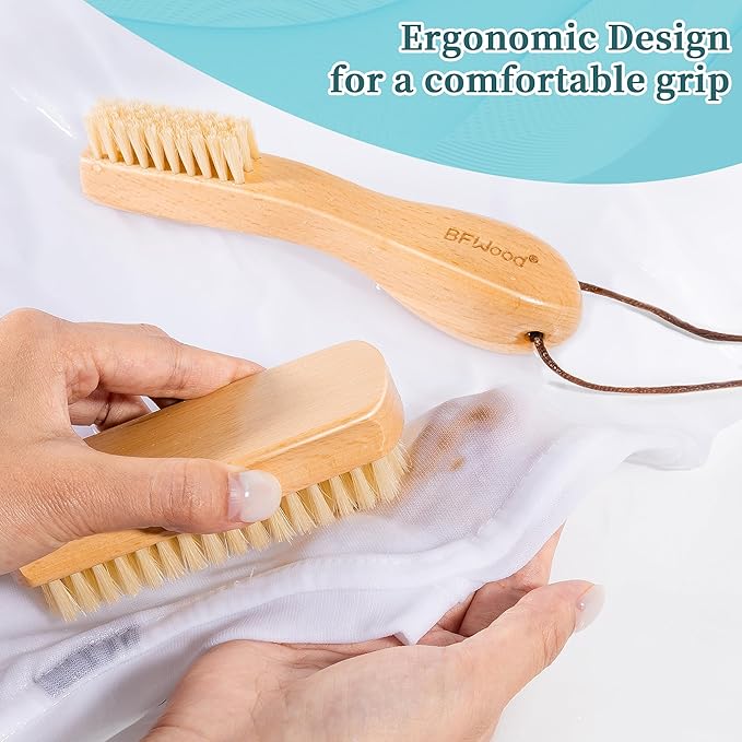 BFWood Laundry Stain Brush - Natural Soft Boar Bristle for Scrubbing Out Tough Stains on Delicate Fabrics, Knits, Cotton, Linens, No Damage (Set-2PCS)