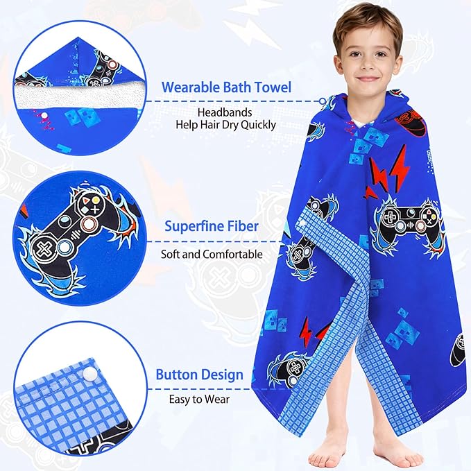 Hooded Towels for Kids - Superfine Fiber Video Gaming Gamepad Toddler Hood Bath Towels Beach Hooded Poncho Absorbent Pool Toddler Swim Bath Wrap for Boys & Girls 3-10 Years, 50 * 30 inches