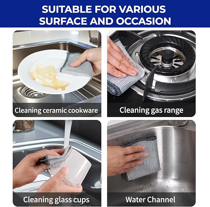 Wangjinpeng 12 PCS 3-Layer Non-Scratch Multipurpose Steel Wire Dishcloths - Reusable Quick-Dry Odor-Free Scrub Cloths for Dishes, Kitchen Cleaning Cloths for Cookware, Sinks, Stove Tops(9.84X9.84)